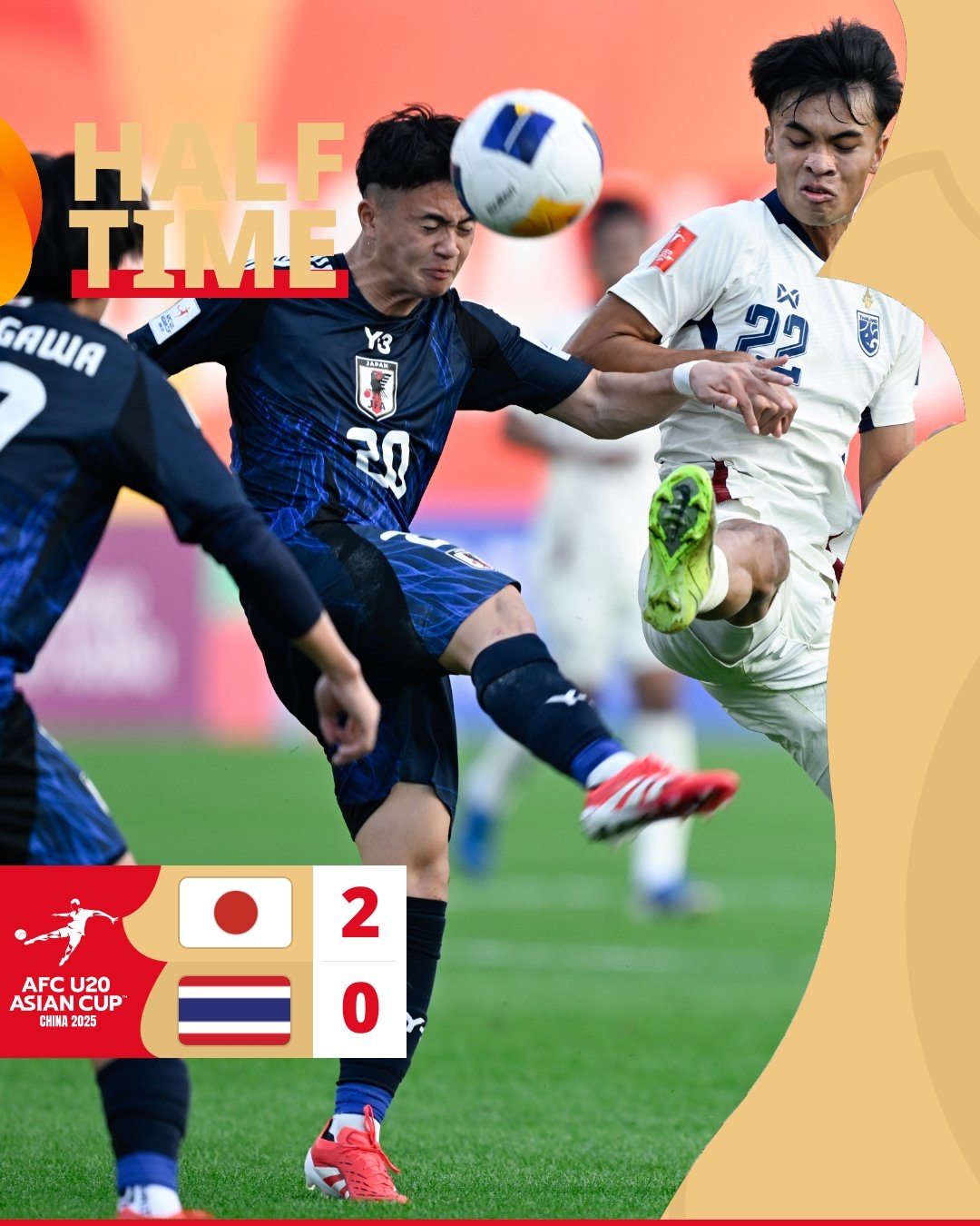  半場(chǎng)-日本U20 2-0領(lǐng)先泰國U20，石井久繼破門+中柱 泰國0射正