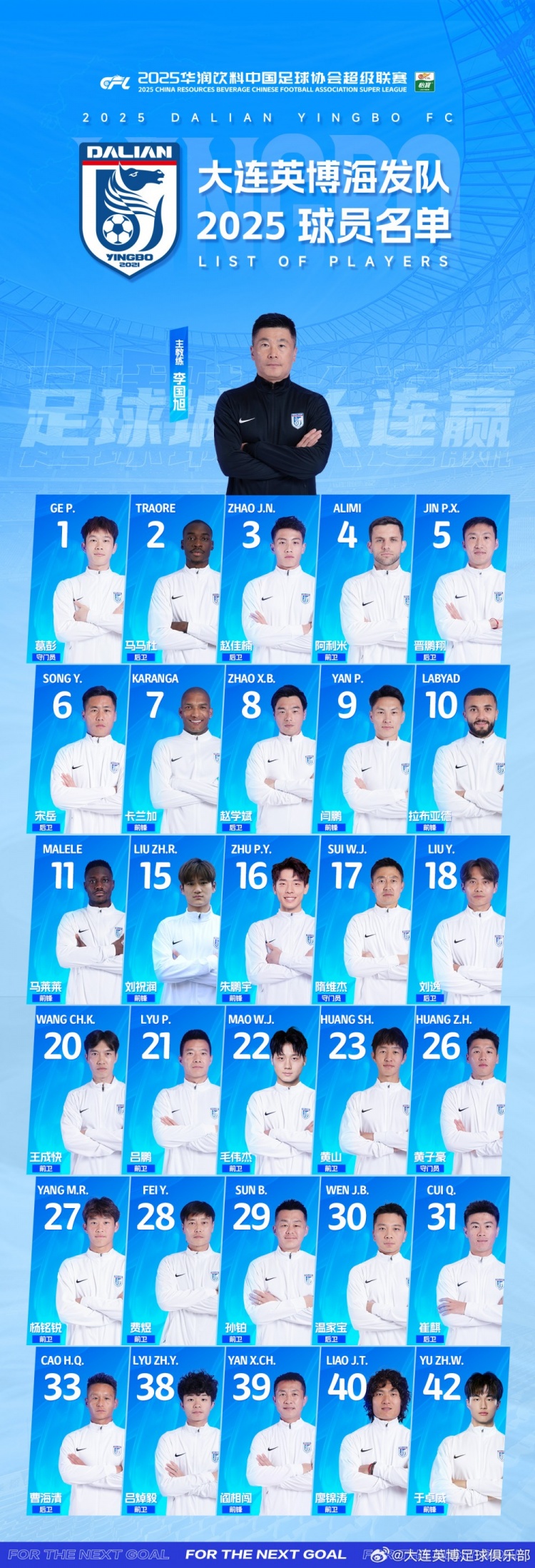  大連英博一線隊(duì)名單：10號(hào)拉布亞德領(lǐng)銜五外援，共30名球員入選